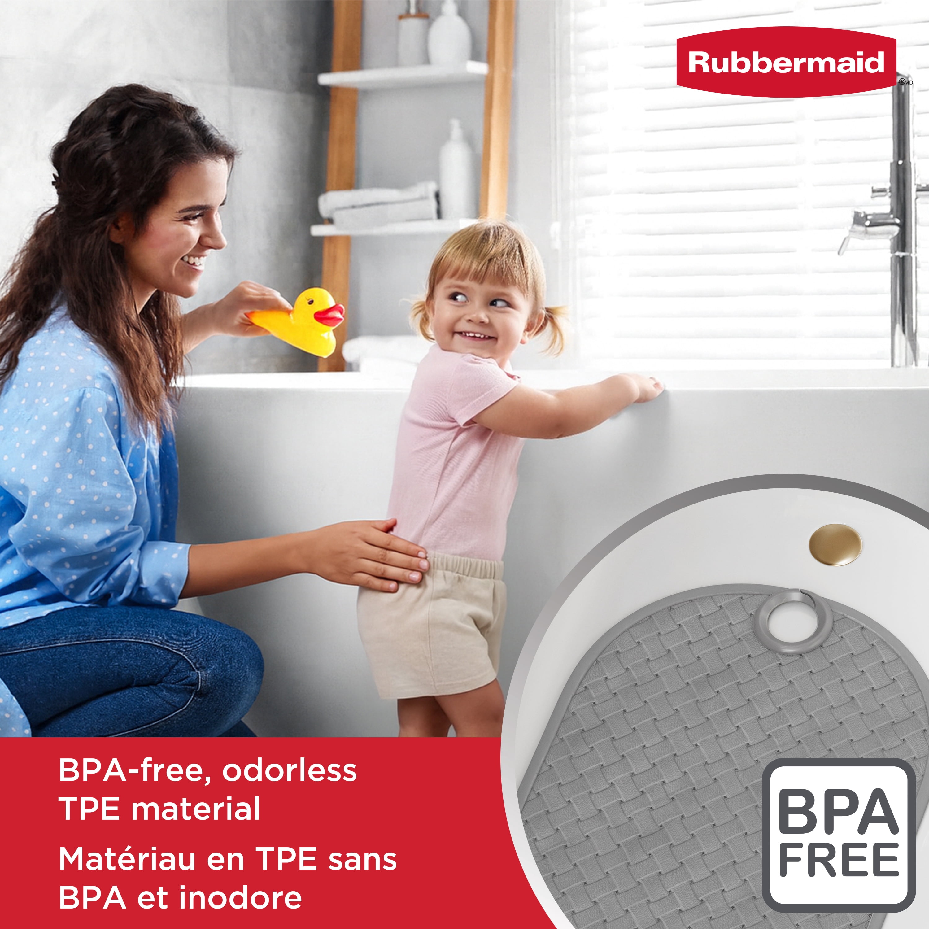 Rubbermaid Instamat Bath Tub Shower Mat, Non-Slip, Hangs on Showerhead for Quick Drying, 27.2" x 15.2", Gray