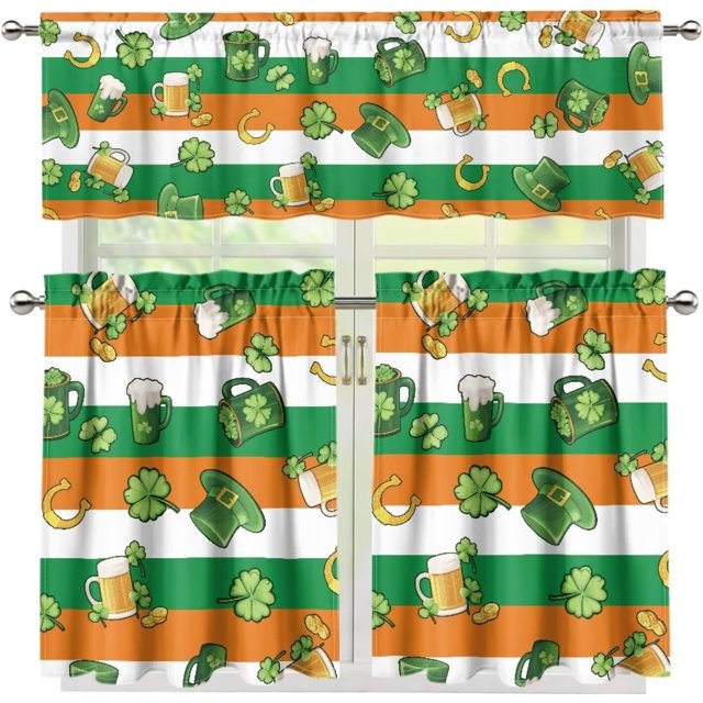 Green Leaves Stripes Window Curtains Set of 3 for Home Kitchen Living Room Decoration St Patrick Day Decor Green Leaf Beer Pattern Kitchen Curtain Valance and Tiers Set,Size M