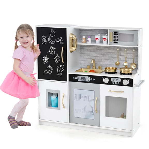 Costway Kid's Pretend Play Kitchen Toddler Kitchen Playset with Blackboard Beige