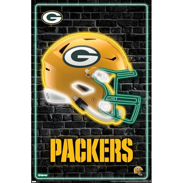 NFL Green Bay Packers - Affiche Murale Néon Casque 23 Mettant en Vedette un Casque de football Jaune avec le logo Green Bay Packers « g » Présenté en Jaune Néon et Vert, Érigé contre un Mur de Briques Noir avec un Texte Jaune « Packers » Audacieux Dessous, Imprimée sur Papier d'Affiche Lustré, Convenant à la Déco de Chambre à Thème Sportif.
