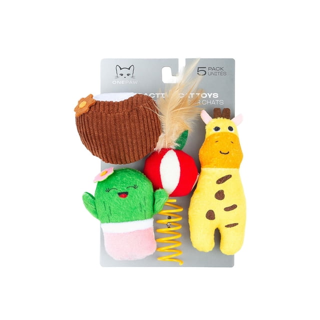 One Paw, 5-Pack Summer Themed Cat Toys featuring plush giraffe, smiling cactus with pink base and flower, brown coconut with flower, red and white spiral ball with feather, designed for interactive play with catnip and crinkle paper, on grey backing card with brand logo.