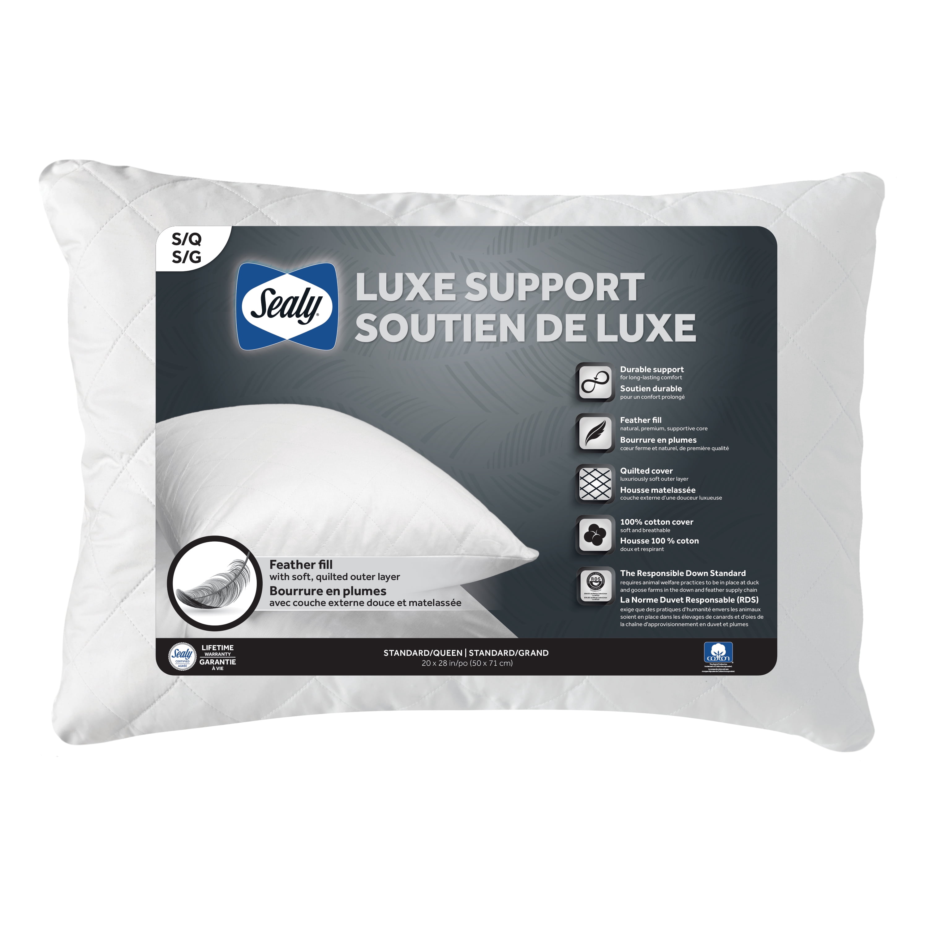 Sealy Luxe Support Bed Pillow, S/Q- Durable Support Down Feather Fill