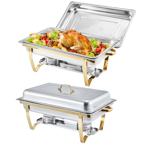 Chafing Dish Buffet Set 2 Pack, 8 Qt Stainless Steel Chafer Buffet Servers and Warmers Sets with Lid Folding Frame, Rectangular Chafing Dishes for Parties, Weddings, Catering Events