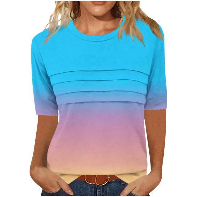 Pisexur Hauts de Printemps pour Femmes 2025, Hauts pour Femmes, T-shirt à Col Rond Plissé à Manches 3/4 pour Femmes, Coupe Ample, Manches Raccourcies, Bleu Ciel, P
