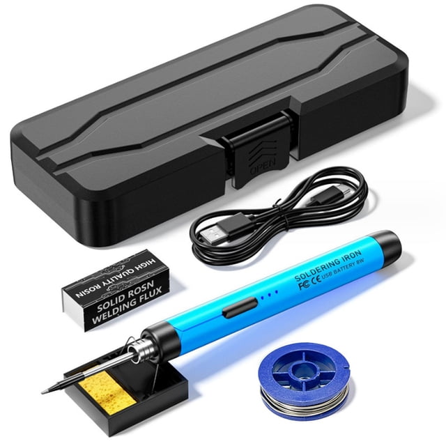 Yeacher Compact USB Soldering Iron Kit with adjustable temperature (300-450℃), featuring a blue soldering iron, Type-C charging cable, soldering wire, rosin flux, and a black storage box. Ideal for DIY, repairs, and portable soldering tasks, with interchangeable tips and a built-in 800mAh rechargeable battery.