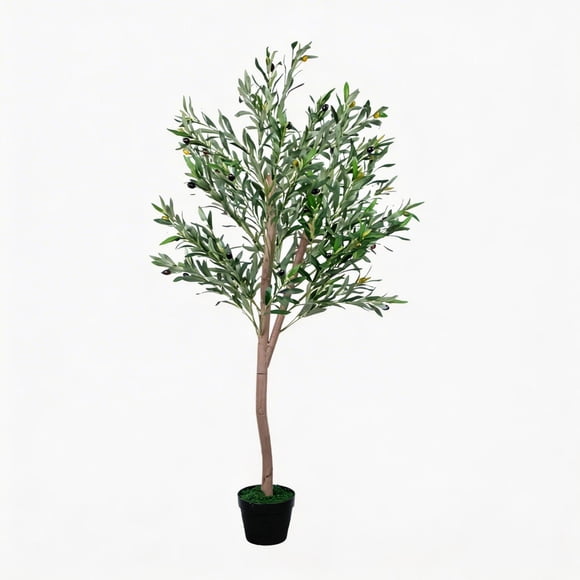 Olive Trees Artificial Indoor, 5FT Tall Faux Olive Tree with Planter, Artificial Olive Tree with Natural Wood Trunk & Lifelike Fruits for Home Office Living Room Decor