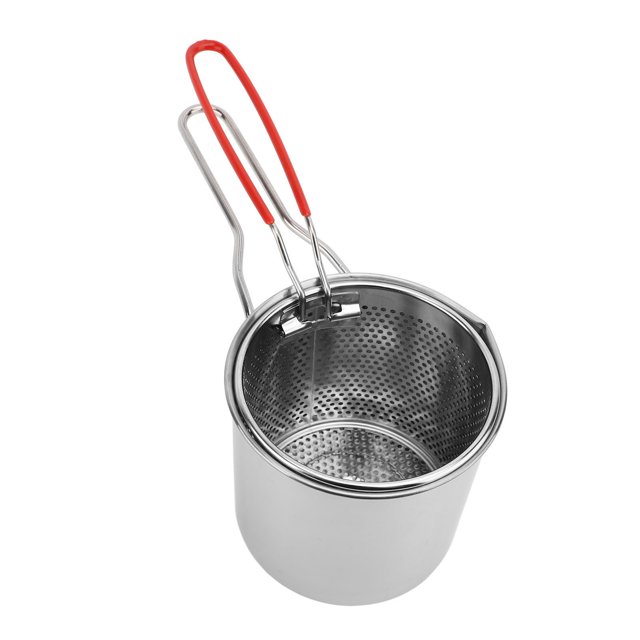 Cooking Pot Deep Fryer, a multifunctional deep fryer pot made of 304 stainless steel, featuring a strainer basket with red ergonomic anti-burn handles. The pot measures approximately 12x13cm (4.7x5.1in), and the basket is 12x12cm (4.7x4.7in). Designed for quick heat transfer and safe handling, this fryer pot is ideal for preparing nutritious and delicious meals. Includes a lid, handle, and strainer basket.