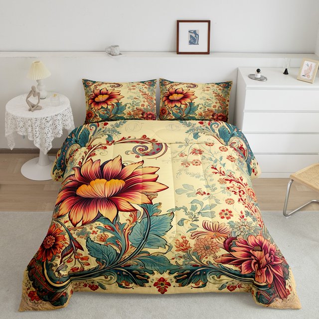 YST Colorful Flowers Bedding Set, Boho Paisley Floral, Medieval European-Style, Queen
