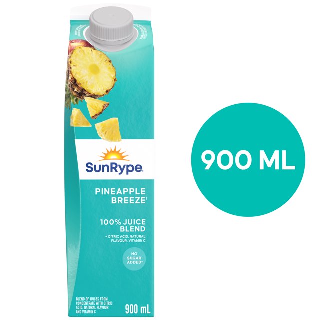 SunRype Pineapple Breeze 900 mL juice carton in turquoise with white cap, featuring pineapple images, labeled 100% juice blend with no sugar added, natural flavours, and vitamin C, ideal for a refreshing tropical drink.