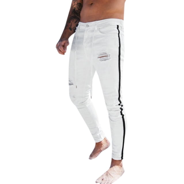 B91xZ Mens Comfort Fit Jeans Stretch Ripped Skinny Jeans with Pockets,White M