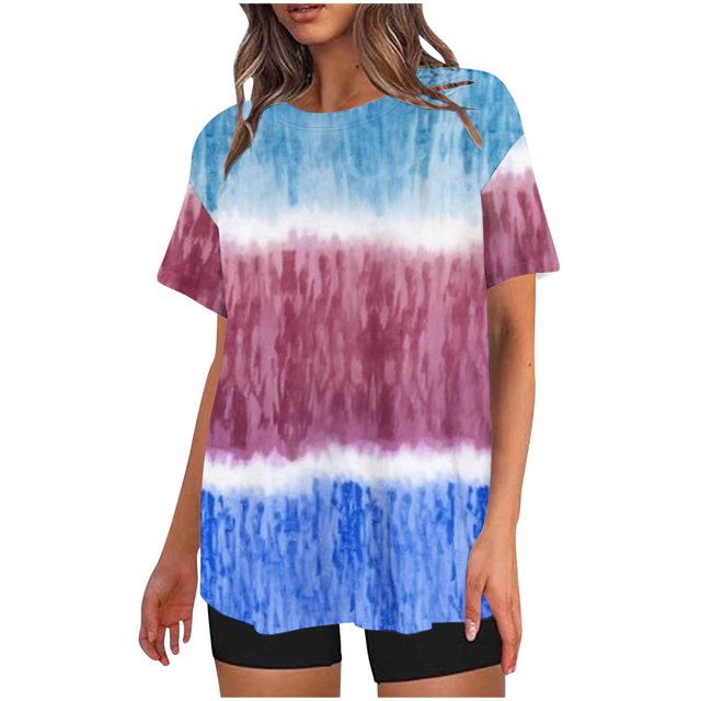 Penkiiy T-Shirts Dégradés Surdimensionnés pour Femmes Été Coupe Ample Col Rond Manches Courtes Hauts Blouse Décontractée Y2K T-Shirts Graphiques Basiques TG Bleu