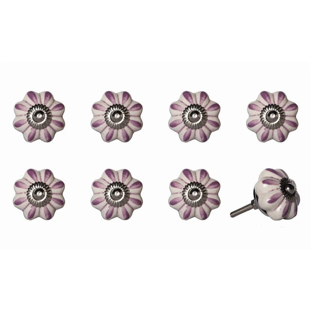 KNOB-IT Vintage Handpainted Ceramic Knobs 8 Pack with flower-shaped ceramic knobs featuring handpainted purple petal designs and silver metal centers, each with a 1.25-inch bolt for easy installation on cabinets, drawers, or cupboards.