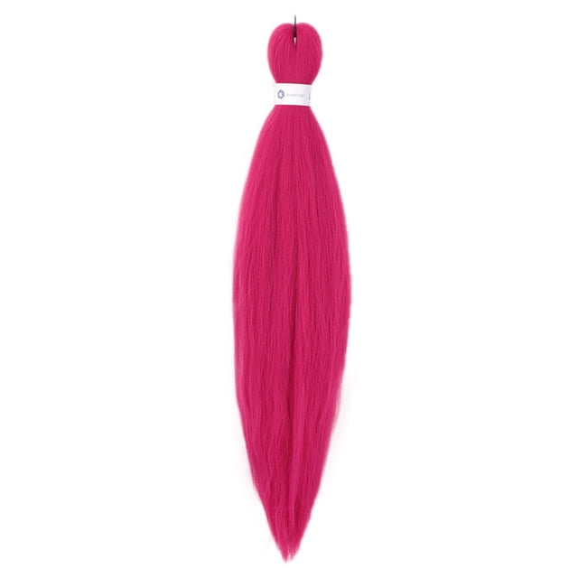 Jumbo Braid Hair 26inch Synthetic Fiber Hair Extensions in a vibrant pink color, designed for crochet braiding and gradient color styling. Made from smooth, soft, and silky synthetic fibers, this hair extension is lightweight, reusable, and easy to braid. Suitable for creating box braids, twists, dreadlocks, or other braided hairstyles. The bundle is neatly tied at the top with a white band, showcasing its long, straight texture.