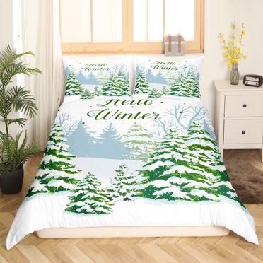 Erosebridal Pine Tree Duvet Cover Queen, Winter Snow Bedding Sets Queen Size, Merry Christmas Bedding Queen Size, Super Cozy Room Decorative, 3 Pieces（No Comforter）