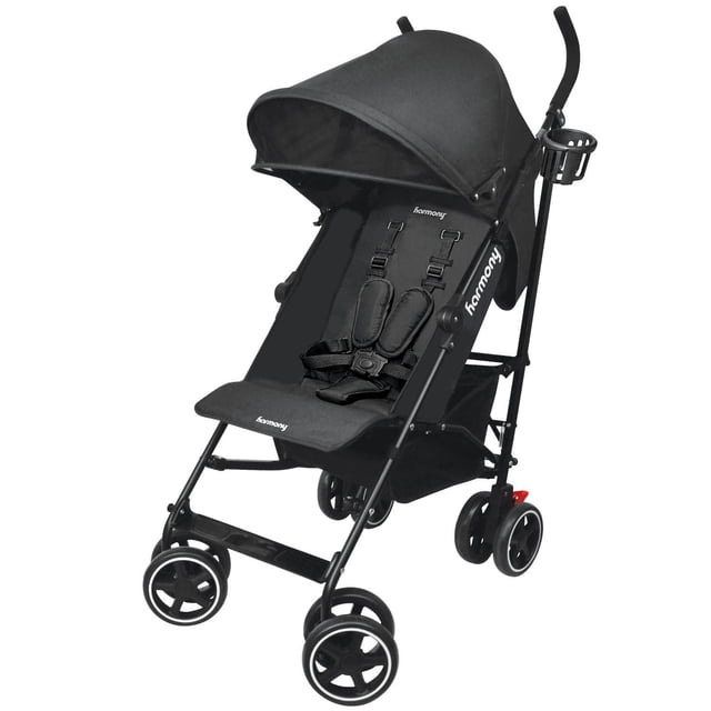 Harmony Aspire Deluxe Umbrella Fold Stroller in black with retractable full weather-shield canopy, 5-point harness with padded straps, multi-position adjustable backrest, 5.5-inch lockable front swivel wheels with suspension, under-seat storage basket, and cup holder on EVA handles.