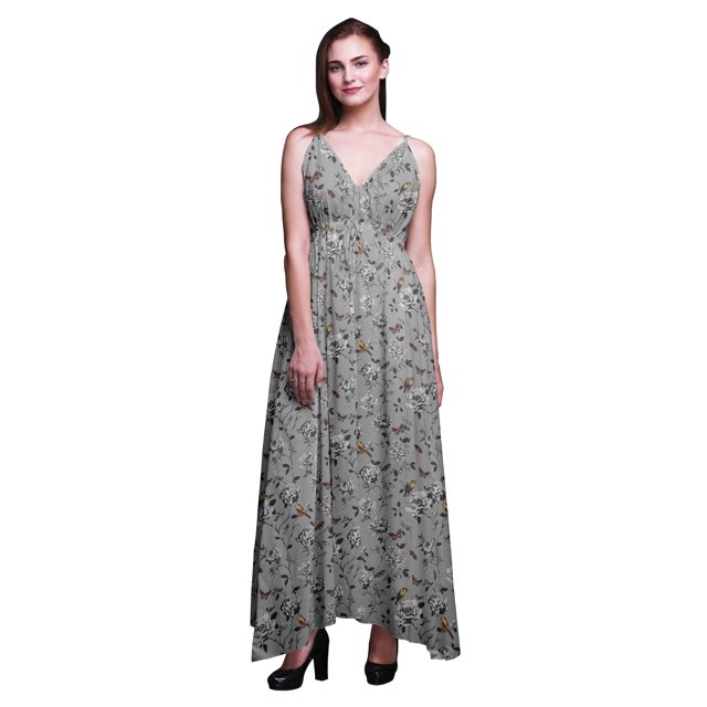 Bimba Robe Longue à Imprimé Floral pour Femme, Bretelles Spaghetti, Col en V, Maxi, Tenue de Plage - Très Petit