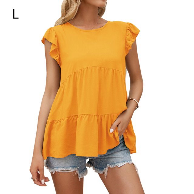 QualitChoice Hauts à Manches Courtes en Dentelle Été Col Rond T-shirt Décontracté Jaune L