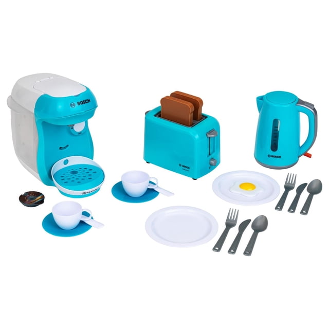 Ensemble de Déjeuner Jouet Klein Bosch 2021, Turquoise, Grande Vue Orientée vers l'Avant d'Un Ensemble de Déjeuner Jouet Bosch Turquoise : Grille-Pain Mécanique avec Fonction toast Escamotable, machine à Café à Piles avec Son, Fente pour Dosette Remplissable et Insérable, Bouilloire Étanche avec Remplissage à l'Eau, Deux Assiettes, Soucoupes, Tasses, Fourchettes, Couteaux, Cuillères, une Dosette de Café et un Mannequin d'Oeuf au Plat. Convient aux Cuisines de Jeu pour s'Exercer à Verser,