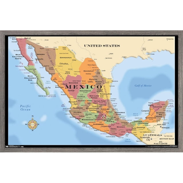 Carte - Affiche Murale du Mexique, 22,375 Pouces x 34 Pouces Encadrée Montrant une Carte Politique Détaillée du Mexique avec les Limites d'États et les Grandes Villes Étiquetées, Bordée par les États-Unis au Nord, l'Océan Pacifique à l'Ouest et le Golfe du Mexique à l'Est, Présentant une rose des Boussoles dans le Coin Inférieur Gauche et une Finition Satinée de Qualité Supérieure sur un Cadre Léger Convenant à la Décoration Intérieure, à l'Art Mural