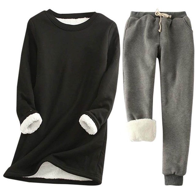 Pisexur Ensembles 2 Pcs pour Femmes Ensembles de Pyjama en Molleton Chaud pour Femmes 2 Pcs Chandail à Col Rond Pantalon de Pyjama Ample Vêtements de Détente Décontractés Tenues d'Hiver Surdimensionnées Grande Taille P-5TG