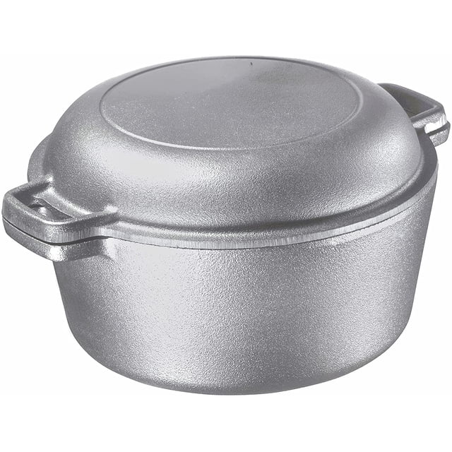 Bruntmor 5 Qt Silver 2-in-1 Enameled Cast Iron Induction Cookware with a double dutch oven and skillet design. This silver cast iron cookware features a smooth, nonstick coating and a lid that doubles as a shallow skillet. Perfect for braising, stewing, baking, frying, and more, it is oven and heat safe up to 500°F (200°C). Compatible with electric, oven, and stovetop use, the durable enameled surface prevents food from sticking and protects against food acid reactions. Suitable for use as a Dutch oven or braiser.