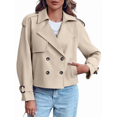 Women Long Sleeve Double Breasted Notched Lapel Casual Loose Fit Cropped Trench Jackets with Pockets Beige L