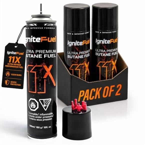 IgniteFuel 11X Ultra Premium Butane Fuel 300ml (165g) – Clean Burning High Purity Butane Lighter Refill for Torch Lighters, BBQ, Culinary Torches, Outdoor Use (Pack of 2)