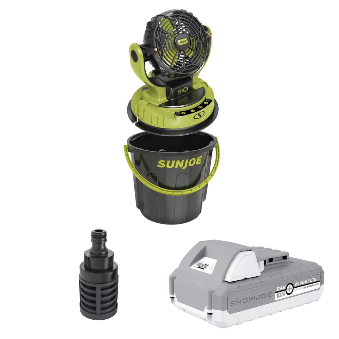 Ventilateur portable à brumisation Sun Joe 24V 3 vitesses – Ventilateur rotatif universel pour seau avec batterie 2,0 Ah, seau et tuyau pour le refroidissement extérieur
