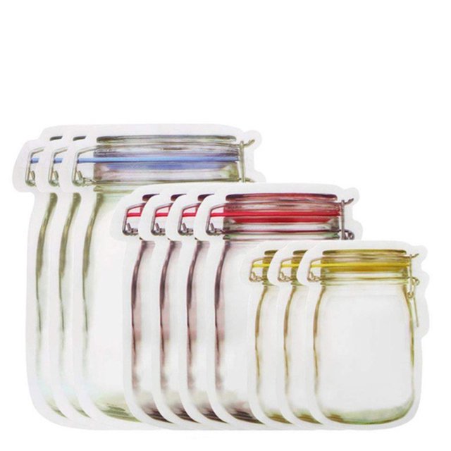 Sac à Fermeture Éclair en Forme de Pot 10/12 Pcs Réutilisable pour Conserver les Collations et les Sandwichs, Pochette de Rangement avec Motifs de Pots mason en Tailles Assorties. Fabriqué en Matériau PE Écologique, Ces Sacs à Sandwich Compacts et Portatifs Sont Parfaits pour Ranger les Aliments Secs, Noix, Fruits, Thé et Collations. Comprend des Fermetures à Glissière pour un Rangement Sécurisé.