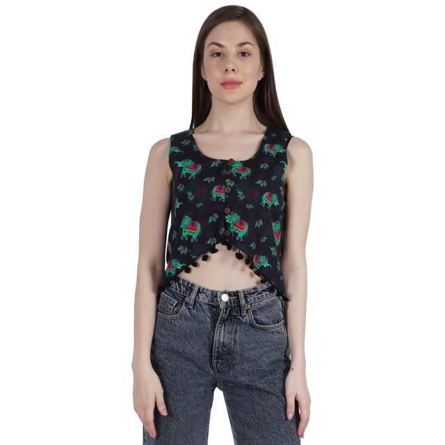 Moomaya Crop Top à Franges Imprimé pour Femmes, Blouse d'Été Sans Manches à Boutons