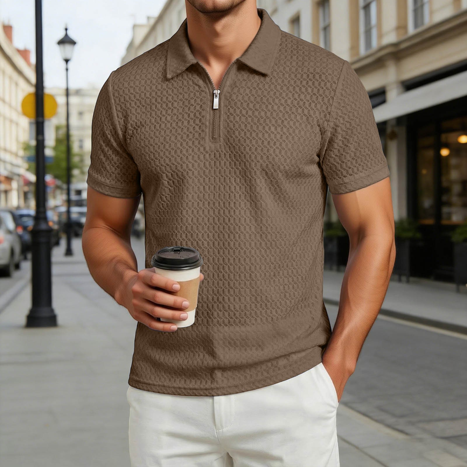 Textured Knit Zip Collar Shirt for Everyday Casual Comfort Fit