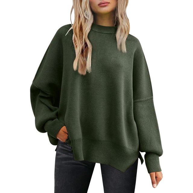 ORUYROP Women's Crewneck Batwing Long Sleeve Sweater 2023 Fall Oversized Ribbed Knit Side Slit Pullover Top