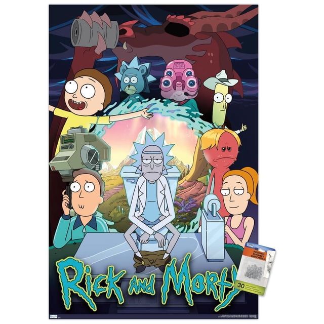 Rick And Morty - Affiche Murale de Groupe Saison 4, 14,725 Pouces x 22,375 Pouces Mettant en Vedette des Personnages Animés, Dont Rick Assis sur une table avec Pantalon Abaissé, Morty les Bras Ouverts et d'Autres dans une Scène sci-fi Vibrante avec un Portail Lumineux et des Créatures Extraterrestres, Imprimée sur Papier Lustré, Convient à l'Art Mural et à la Déco de Chambre.