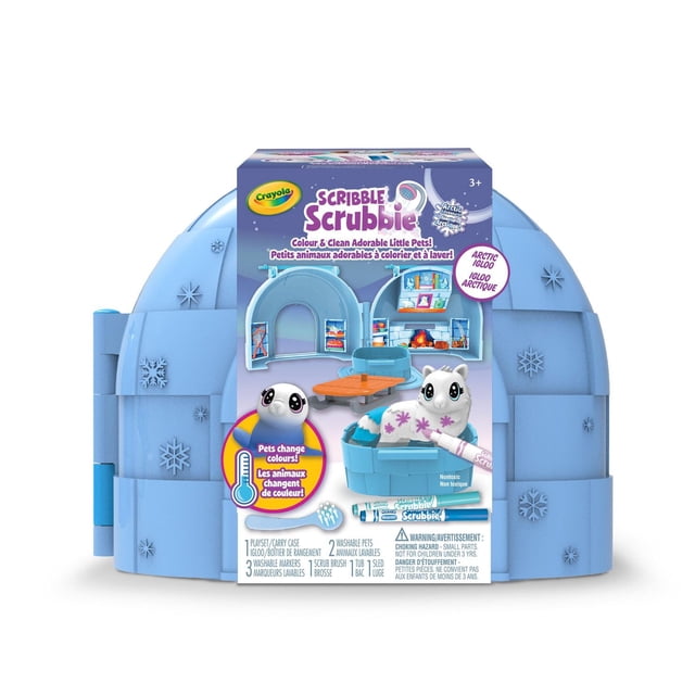 Scribble Scrubbie Pets Ensemble de Jeu Poupée Igloo Arctique avec Étui de Rangement Igloo en Plastique Bleu Présentant des Détails de Flocons de Neige, Deux figurines d'Animaux Arctiques à Changement de Couleur, Trois Marqueurs Lavables, Brosse à Récurer et Baignoire pour Colorier et Laver de Façon Créative pour Enfants de 3 Ans et Plus.