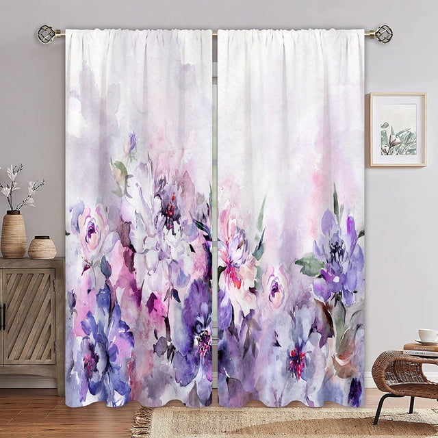 Innerwin Curtains UV Protection Drapes Thermal Insulated Blackout Floral Print Window Curtain Energy Efficient Waterproof Rod Pocket Modern Panel Purple 150x166cm/59.06x65.35" WxH