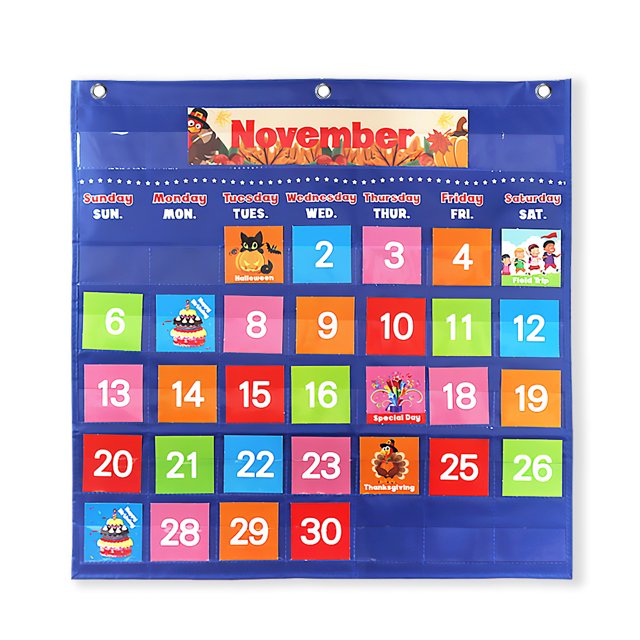 Toma Blue Monthly Calendar Chart Nylon Learning Calendar Pocket Scratch-Resistant Scholastic Classroom Calendar Educational Monthly Calendar Pocket Calendar Card Bag for Home School