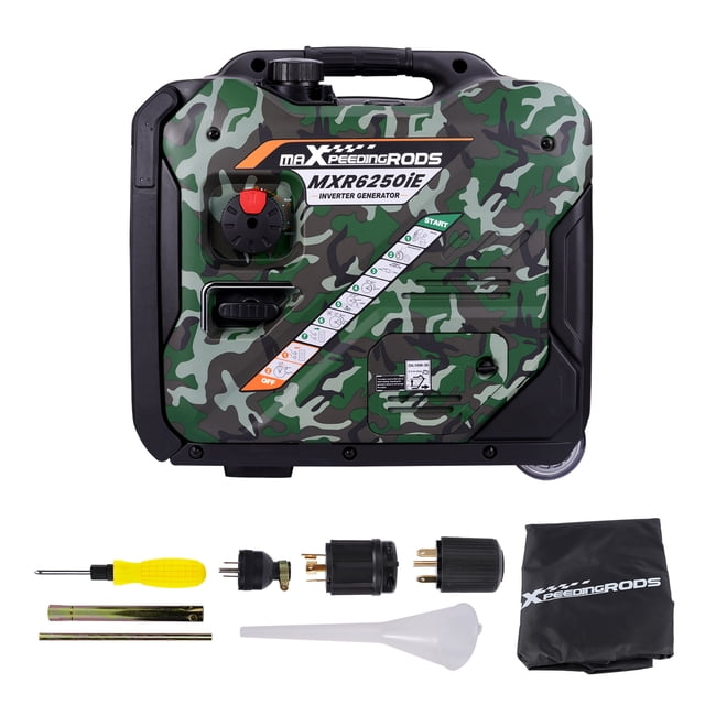 Maxpeedingrods Génératrice à Onduleur 5000 Watts 5500W au design camouflage, Dotée d'Une Conception Compacte avec Roues et Poignée Extensible Style Valise pour la Portabilité. Comprend un Moteur 4-Temps 223cc OHV, 1x 120V 21 Amp, 2x USB, et 1x 120/240V 21 Amp. Offre 9,5 Heures d'Autonomie à Quart de Charge, Éco-Mode pour l'Efficacité du Carburant, et Fonctionnement Silencieux à 68 dB. Livré avec des Accessoires