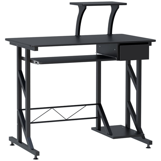 Computer Desk Laptop Table Space Saving Portable Home Office Wood Pullout Space-saving front-facing compact workstation with black steel frame and MDF top, 35.4"L x 19.7"W x 39.4"H (90 x 50 x 100 cm), slide-out keyboard tray 21.8" x 9.3" (55 x 24 cm), adjustable elevated shelf left or right, single drawer, open CPU shelf and anti-slip feet; often used as a compact crafting or study station.