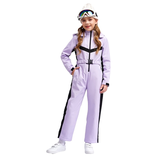 TiaoBug Kids Girls One Pieces Snowsuits Skiing Snowboarding Ski Suits Jumpsuits Winter Snowsuit with Belt Purple 6
