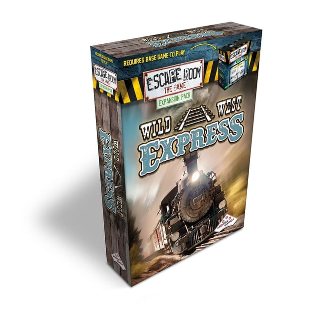 Identity Games Escape Room The Game Expansion Pack: Wild West Express board game box featuring a vintage steam train speeding on tracks with a blurred background and rustic wood and metal design, highlighting the escape room puzzle and board game expansion theme.