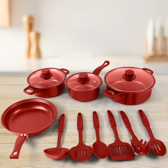 PEONAVET Iron Nonstick Cookware Set Thirteen Piece Cookware Set Soup Pot Milk Pan Frying Pan Non-Stick Spatula Set Maifan Stoneware Multi-Piece Set