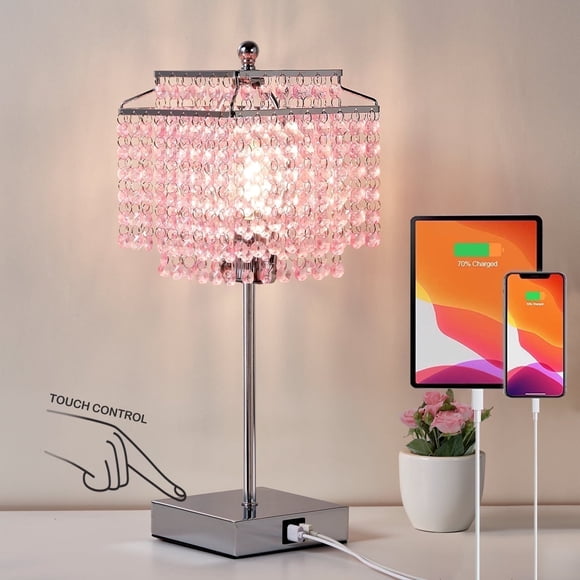 NATYSWAN Lampe de Table Tactile en Cristal, Lampe de Chevet Rose avec Ports USB C+A, Lampe à Intensité Réglable 3 Niveaux avec Abat-Jour en Cristal, Lampe de Chevet pour Chambre de Fille, Salon, Ampoule Incluse