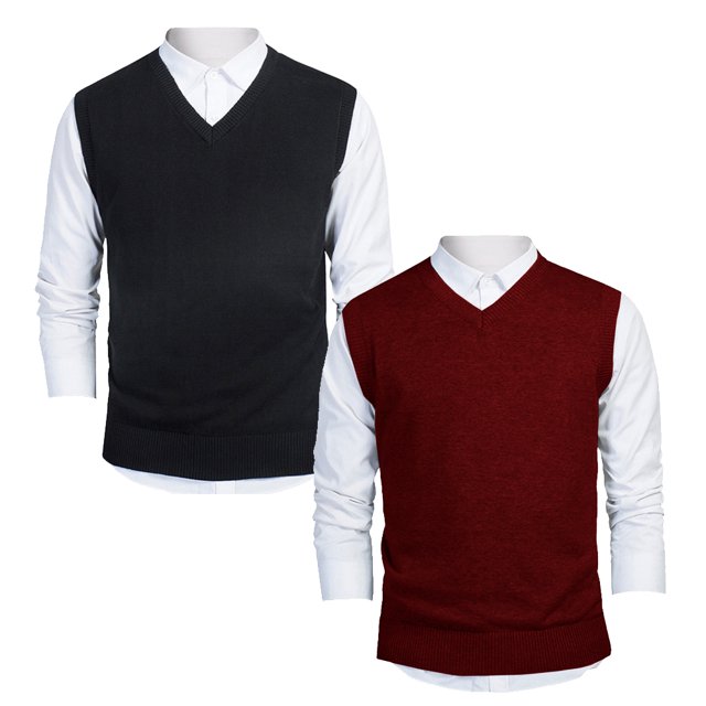 TOPTIE 2 Pack Window Clerk Sweater Vests For Men, Work Uniform Cotton V-Neck Sweater Vests-BLACK WINERED-M