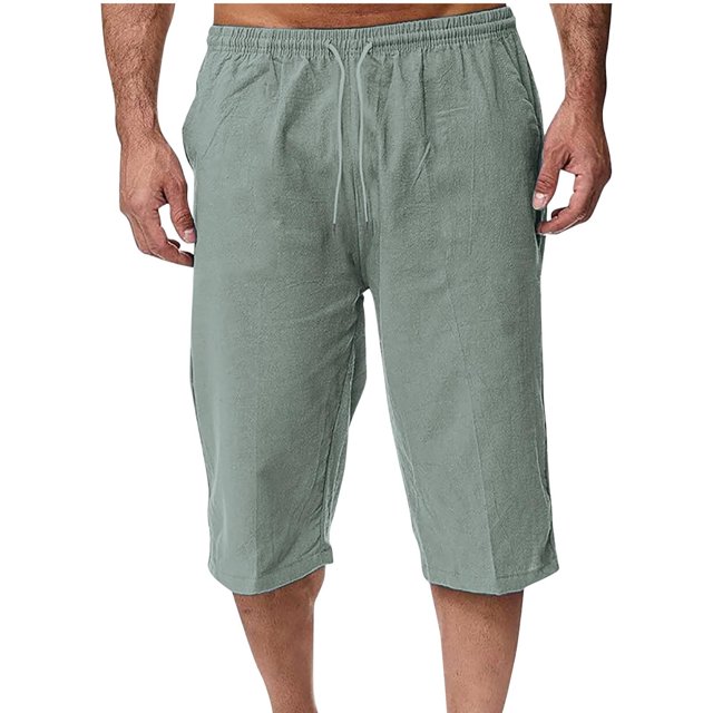 EOYWHK Mens Linen Capri Pants Summer Loose Fit Lightweight Sleep Shorts Elastic Waist Drawstring with Pockets