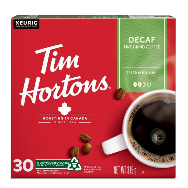 Tim Hortons Decaf Medium Roast Coffee Pods, Single-Serve K-Cups, Compatible with Keurig Coffee Makers, Smooth & Balanced Flavour, Rich Taste, 30 Count
