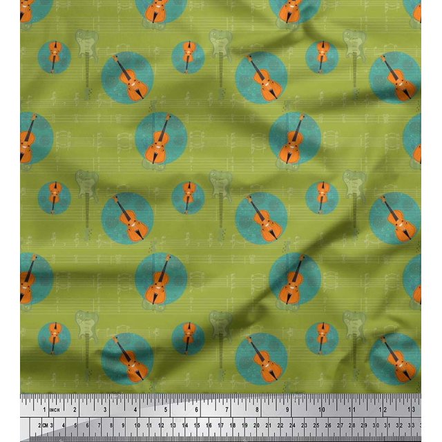 Soimoi Rayon Fabric Notes & Guitar Musical Instrument Print Sewing Fabric Yard 56 Inch Wide