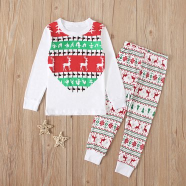 LSLJS Ensemble de Pyjamas pour Tout-Petits Garçons Filles, T-Shirt à Imprimé de Renne de Noël Hauts+pantalons, Ensembles de Tenues, Pyjamas pour Bébé ( Blanc, 1-2 Ans )