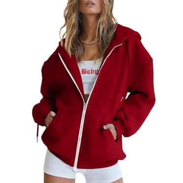 awzxde Clothes for Women Casual Solid Long Sleeve Zipper Hooded Coat Pocket Sweatshirt Tops Red,XL