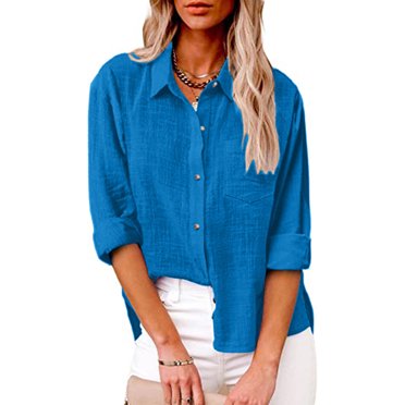 Linen Shirts For Women Summer Button Up,Women Button Down Shirts with Collar Long Sleeve Work Blouse Top,Cotton Linen Dress Shirts For Women Business Casual,Fashion Loose Roll Up Work Blouse Tops