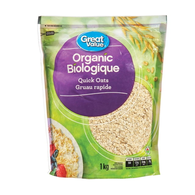 Great Value Organic Quick Oats 1 kg resealable bag of 100% whole grain organic rolled oats suitable for hot cereal or baking, with green and purple packaging showing oatmeal with berries and nutrition facts.